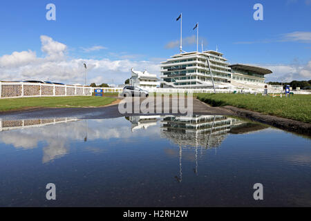 Epsom Downs, Surrey, UK. 1. Oktober 2016. Die Tribüne in Epsom Downs Racecourse spiegelt sich in einer großen Pfütze nach einem schweren Regenschauer. Bildnachweis: Julia Gavin UK/Alamy Live-Nachrichten Stockfoto