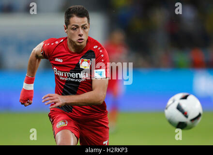 Leverkusen, Deutschland. 1. Oktober 2016. Bundesliga-Spieltag 6, Bayer 04 Leverkusen - Borussia Dortmund: Chicharito (Leverkusen) steuert den Ball. Bildnachweis: Jürgen Schwarz/Alamy Live-Nachrichten Stockfoto