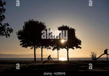 Swansea, Großbritannien. 2. Oktober 2016. UK-Wetter: Ein einsamer Radfahrer macht seinen Weg vorbei an den Kinderspielplatz am Strand von Blackpill in der Nähe von Swansea heute Morgen kurz nach Sonnenaufgang. Bildnachweis: Phil Rees/Alamy Live-Nachrichten Stockfoto