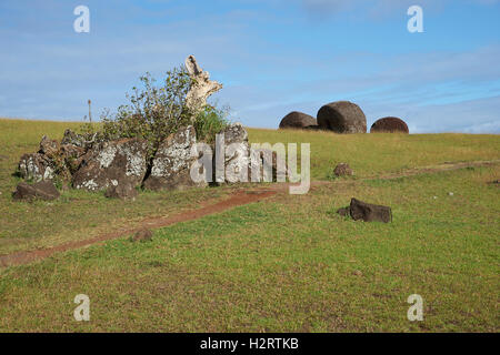 Vaka Kipo. Kleine Vulkankegel des Red Rock als Quelle der Hüte für einige der alten Moai Statuen auf der Osterinsel verwendet. Stockfoto