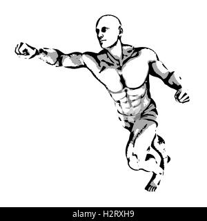 Comic-Buch-Held-Pose in Skizze Tinte Abbildung Stockfoto