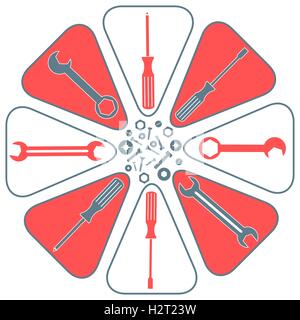 Schönes Bild von einem farbigen Schema mit verschiedenen Werkzeugen auf weißem Hintergrund Stock Vektor