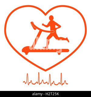 Stilisierte Ikone des Mannes Joggen auf einem Laufband im Rahmen der Herz-Symbol und Herzrhythmus auf weißem Hintergrund Stock Vektor