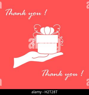 Niedliche Bild mit Hand, ein Geschenk und eine Inschrift: Ich danke Ihnen auf einem farbigen Hintergrund. Stock Vektor