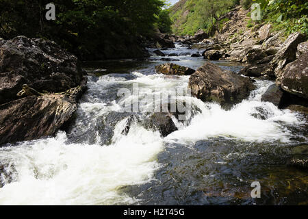 Wildwasser in Afon Glaslyn in der Nähe von Beddgelert, Gwynedd, Wales, GB Stockfoto