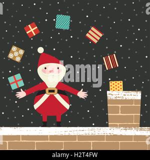 Weihnachtsmann auf dem Dach Trowing präsentiert im Schornstein Stock Vektor
