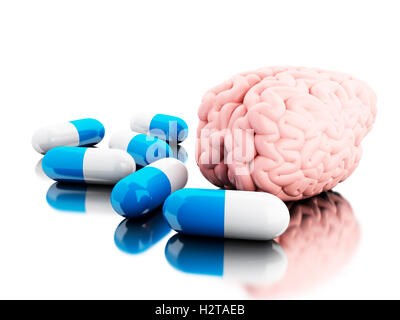 3D Illustration. Ein Kopf mit einigen Pillen. Health care Konzept. Isolierten weißen Hintergrund. Stockfoto