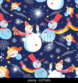 Musterdesign Weihnachten mit Schneemänner auf einem dunklen Hintergrund mit Schneeflocken Stock Vektor