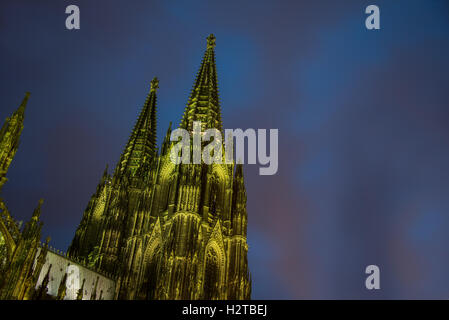 Grün beleuchtete Kölner Dom im blauen Nachthimmel Stockfoto