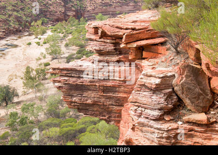 Geschichteten Sandstein überhängenden Felsen oberhalb der Murchison River Gorge im Kalbarri National Park in Kalbarri, Western Australia. Stockfoto