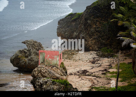 Barbados Atlantik Ozean rockt verlassenen Gebäude Haus in Fels heruntergekommene Wahrzeichen erhöhten Blick hohen Aussichtspunkt über Ari Stockfoto