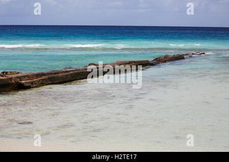 Barbados Hastings Bay Strand goldenen Sandstrand Palmen Bäume Küstenmeeres Landschaft ziemlich Exemplar blauen Himmel sonnig Steg Anlegestelle walkw Stockfoto