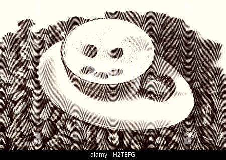 Gezeichnete Skizze malen Kaffeetasse mit Bohnen Stockfoto