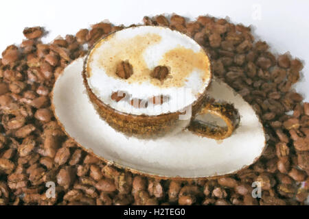 Gezeichnete Aquarell Kaffeetasse mit Bohnen Stockfoto