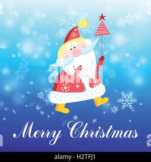 Lustiger Weihnachtsmann auf einem blauen Hintergrund mit Schneeflocken Stock Vektor