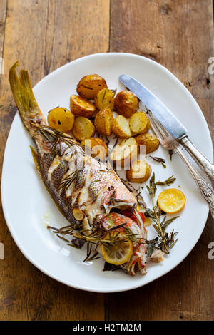 Red Snapper mit Rosmarin Bratkartoffeln Braten Stockfoto