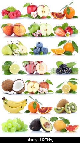 Obst Apfel orange Beeren Äpfel Orangen Banane Trauben frisches Obst Erdbeer Birne Sammlung Stockfoto