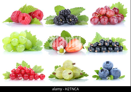 Sammlung von Beeren, Trauben Erdbeeren Heidelbeeren Bio-Früchten isoliert Beere Stockfoto