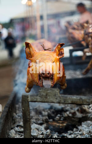 Blick auf gebratenes Schwein am Spieß Stockfoto