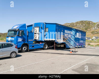 "Siebmaschine" mobiles Kino Besuch der abgelegenen Insel Colonsay in den Inneren Hebriden, Schottland, Großbritannien. Stockfoto