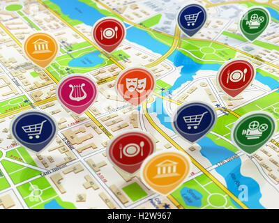 Stadtplan und Pins mit Symbolen. Konzept der Navigation oder Gps. 3D illustration Stockfoto
