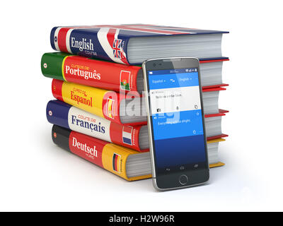 E-Learning. Mobiles Wörterbuch. Lernen Sprachen online. Smartphone mit Büchern. 3D illustration Stockfoto