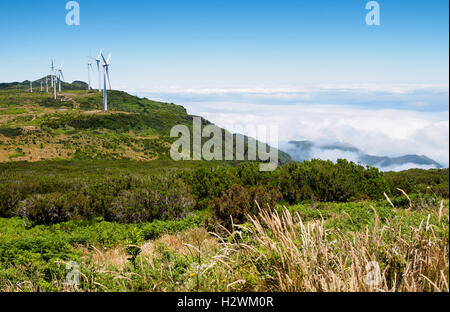 Madeira: Windmühlen auf der Hochebene Paul da Serra von Hügels Bica da Cana gesehen Stockfoto