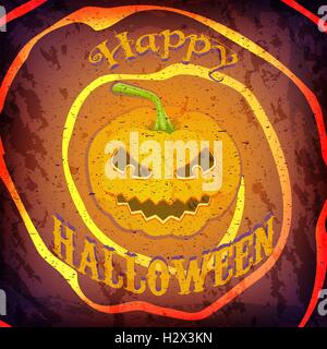 Grunge-Happy Halloween-Karten oder Poster mit Kürbis und Nachricht. Stock Vektor