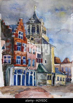 Aquarell-Ansicht von Delft, die Niederlande. Altstadt, Rathaus auf dem Markt und anderen historischen Gebäuden. Handfarbe Stockfoto