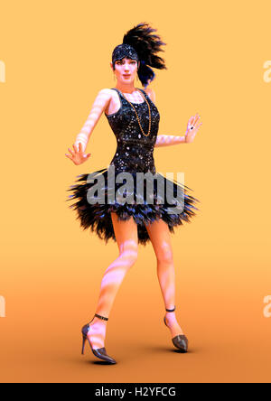 3D-Rendering einer weiblichen Flapper-Tänzerin auf orangem Hintergrund Stockfoto