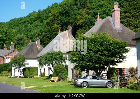 Blick entlang der hübschen Dorfstraße strohgedeckten Hütten, Milton Abbas, Dorset, England, Vereinigtes Königreich, West-Europa. Stockfoto