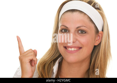 Junge Frau mit einem erhobenen Zeigefinger Stockfoto