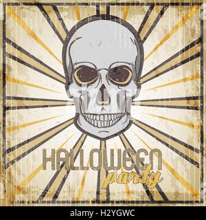 Halloween-Party-Vintage-Design-Vorlage für Karte, Poster, Flyer mit Totenkopf. Stock Vektor