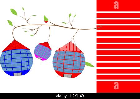 hängen Sie an einem Ast drei Rundhäuser mit Ziegeldach Stock Vektor