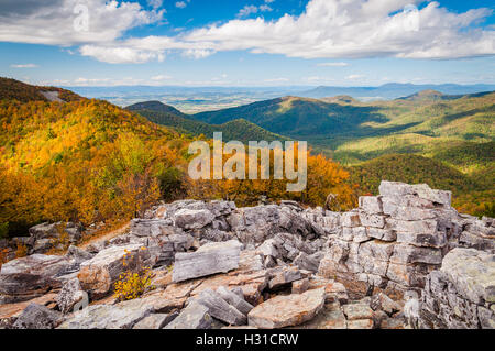 Herbstliche Aussicht auf das Shenandoah-Tal und die Blue Ridge Mountains vom Boulder-bedeckten Gipfel Schwarzfels in Shenandoah Nation Stockfoto