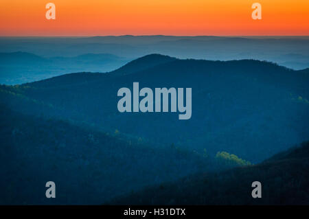 Sonnenaufgang über den Appalachen, gesehen vom Skyline Drive im Shenandoah-Nationalpark, Virginia. Stockfoto