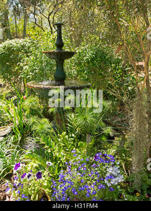 Garten mit dekorativen Brunnen, umgeben von dichten Masse Smaragd grünes Laub, Bäumen und bunten Blumen von einjährigen Pflanzen Stockfoto