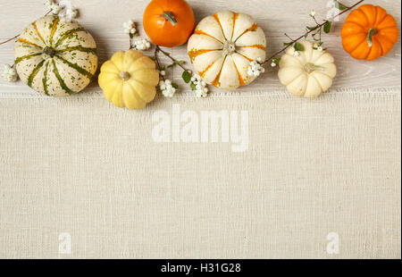 Miniatur-Kürbisse auf rustikalen Holz und Leinwand Tuch Hintergrund. Einfache, natürliche Landhausstil fallen Herbst Dekorationen. Stockfoto