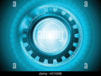 Cyan-Ausrüstung und Binärcode Tech Hintergrund. Blaue Vektor Technikgestaltung, Zahnrad-Mechanismus Layouthintergrund Stock Vektor
