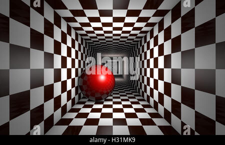 Rote Kugel in der Schach-Tunnel. Den Raum und Unendlichkeit. Verfügbar in hoher Auflösung und verschiedenen Größen. 3D-Illustration rendern.