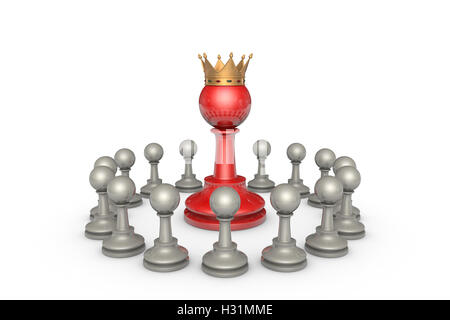 Schachfiguren auf einem weißen Hintergrund. In der Mitte eines großen roten Bauern (mit einer goldenen Krone). Es ist eine Metapher - die parlamentarische Stockfoto