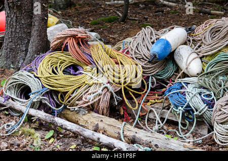 PileRopes verwendet, um Hummerfallen schleppen sind gewickelt und am Rande des Waldes in Islesford, Maine aufgetürmt. Stockfoto