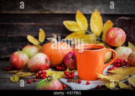 Orange Becher auf Herbst Hintergrund - Herbstlaub, Äpfel, Kürbis und Vogelbeere Stockfoto