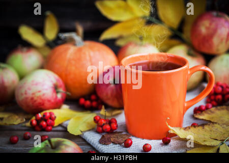 Orange Becher auf Herbst Hintergrund - Herbstlaub, Äpfel, Kürbis und Vogelbeere Stockfoto