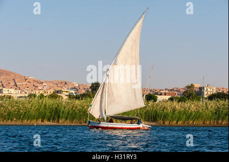 Ägypten. Assuan steht am Ostufer des Nils. Eine Feluke ist einem traditionellen Holzboot Segeln. Stockfoto