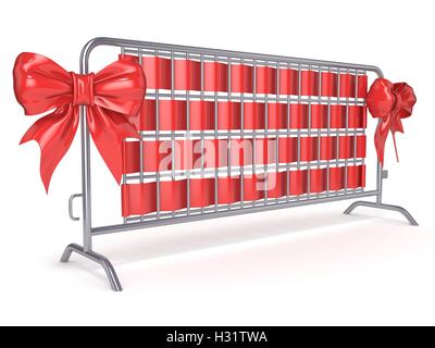 Stahl-Barrikaden mit Red Ribbon Bögen. Seitenansicht. 3D-Render Abbildung isoliert auf weißem Hintergrund Stockfoto