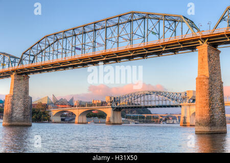 Die Walnut Street, Chief John Ross (Market Street) und Olgiati Brücken über den Tennessee River in Chattanooga, Tennessee. Stockfoto