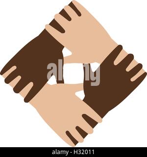 Isolierte abstrakte dunkle und helle Haut Hände zusammen Logo. Schwarz und weiß Menschen Freundschaft Schriftzug. Gleiche Rechte Zeichen. Symbol für internationale Kommunikation. Hilfe und support Symbol. Vektor-Illustration. Stock Vektor