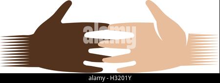 Isolierte abstrakte dunkle und helle Haut menschliche Hände Logo. Weiße und schwarze Menschen berühren Fingern Schriftzug. Gleiche Rechte Zeichen. Internationale Freundschaft Symbol. Charity-Kampagne-Symbol. Vektor-Illustration. Stock Vektor