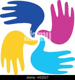 Isolierte abstrakte bunte Kinder Hände zusammen Logo. Kinder-Spielzimmer-Logo. Kindergarten-Zeichen. Handabdrücke in Farbe Symbol. Kunst-Schule-Emblem. Vektor-Illustration. Stock Vektor
